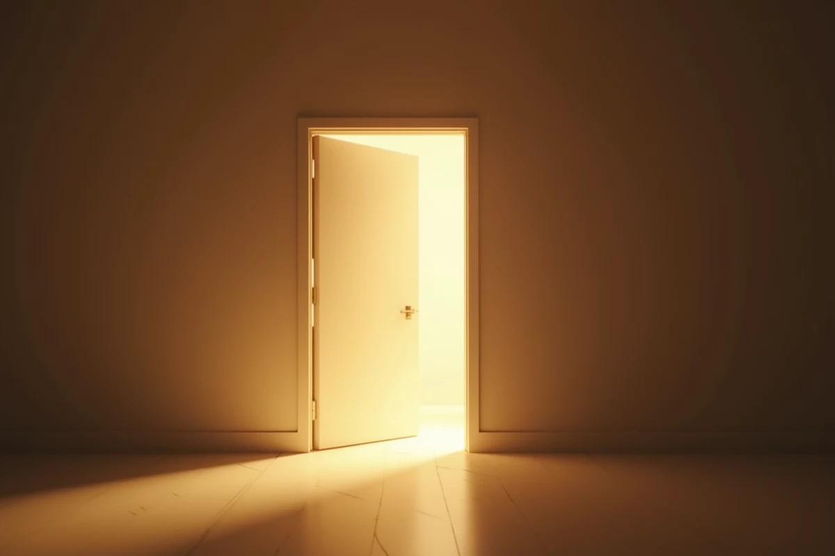 Warm light through an opening door — the quiet opening of the chart